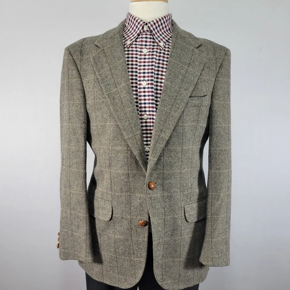 Men's Tweed Style Sport Coat Blazer‎ Two Button Herringbone Plaid Wool Size 40R